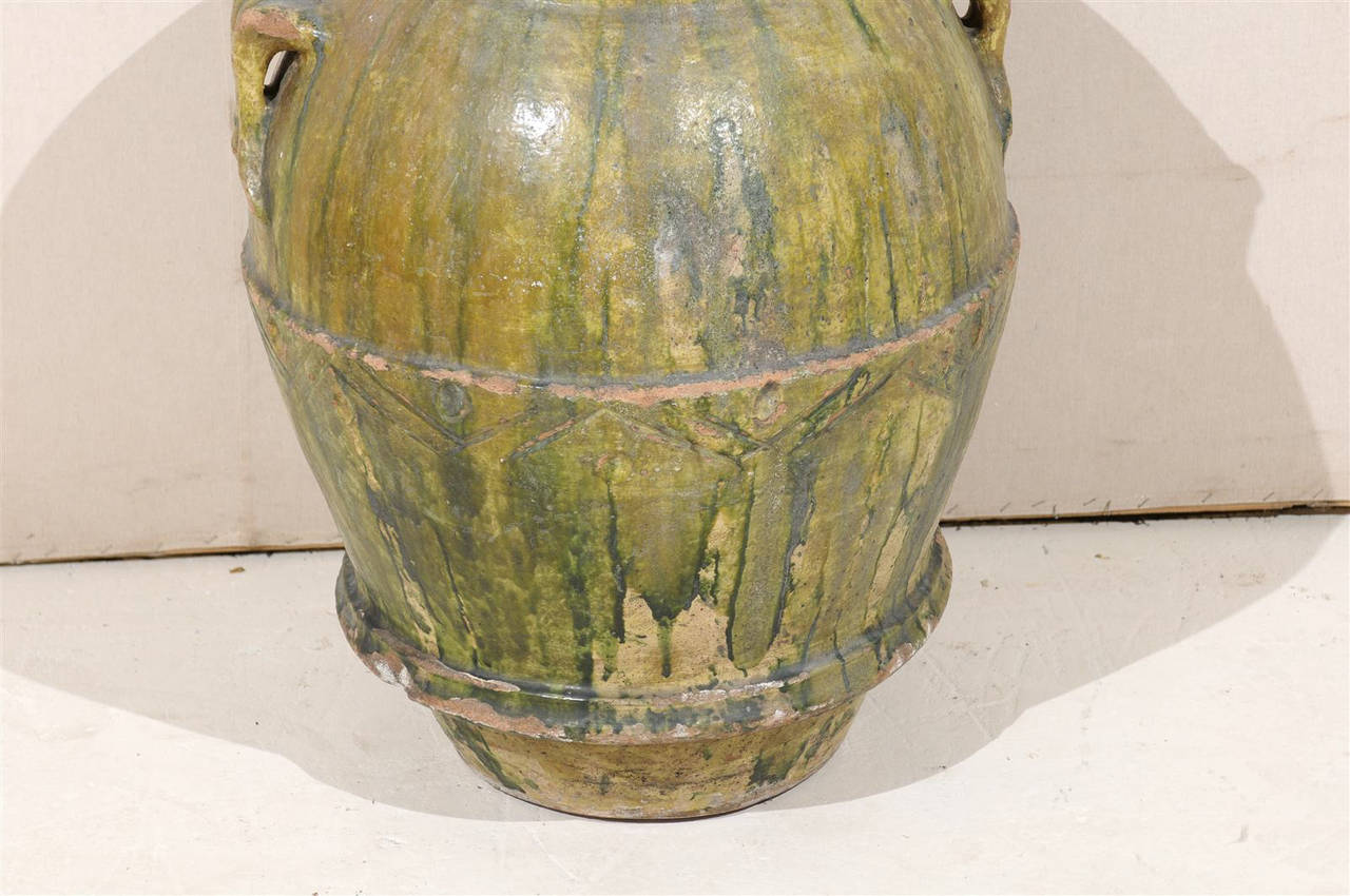 18th Century Large Italian Terracotta Jar with Lovely Rich Green Poured Glaze In Good Condition For Sale In Atlanta, GA