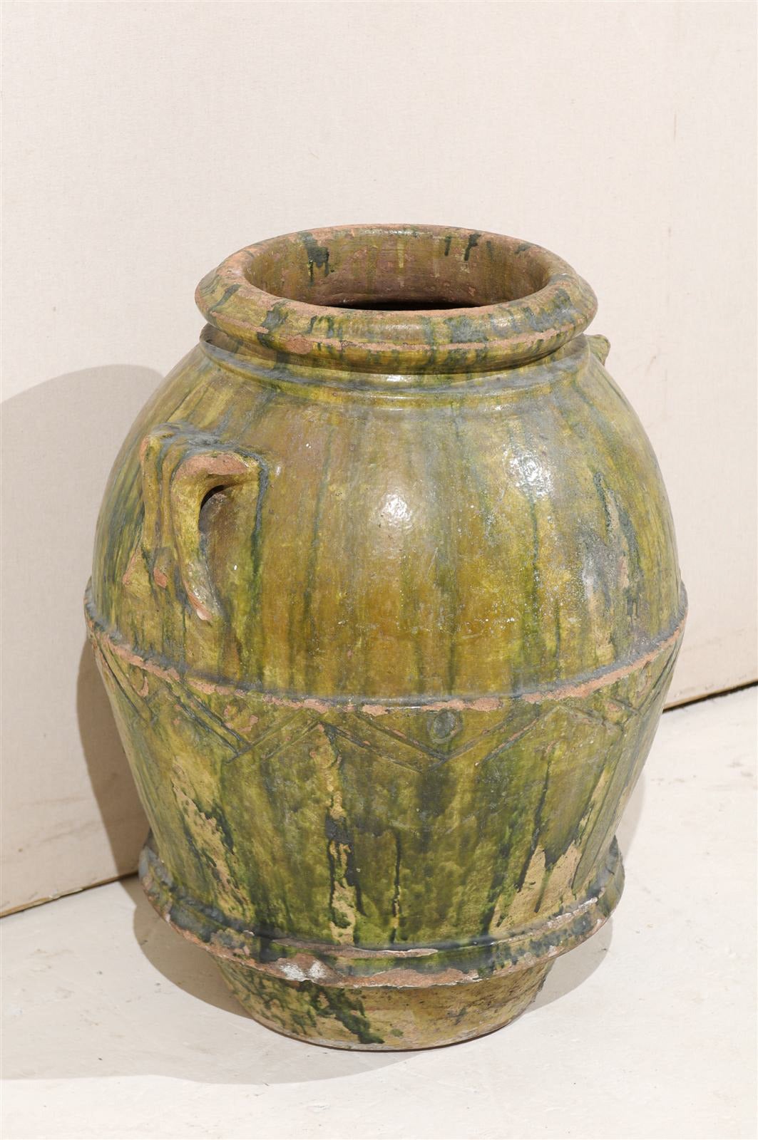 18th Century and Earlier 18th Century Large Italian Terracotta Jar with Lovely Rich Green Poured Glaze For Sale