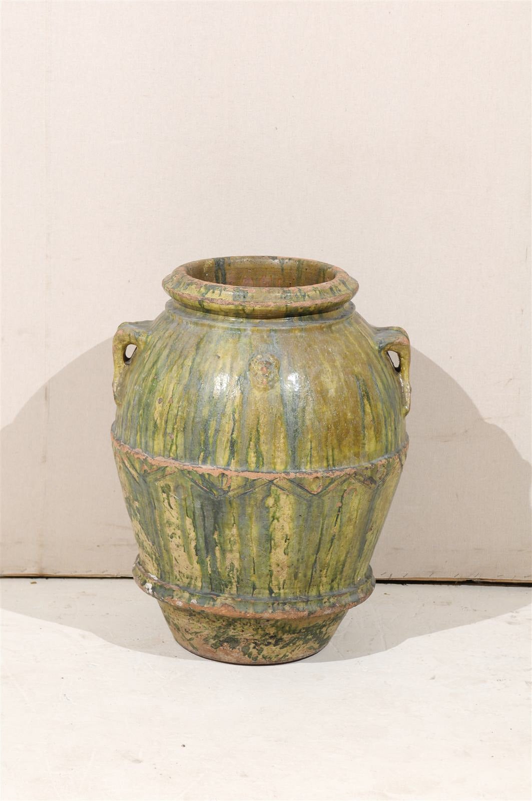 18th Century Large Italian Terracotta Jar with Lovely Rich Green Poured Glaze For Sale 2