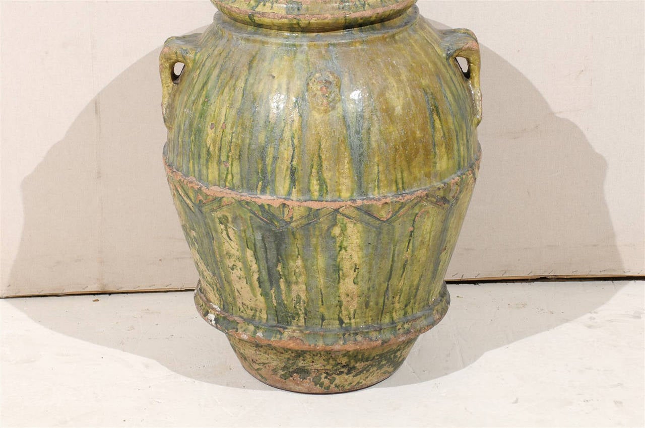 18th Century Large Italian Terracotta Jar with Lovely Rich Green Poured Glaze For Sale 3