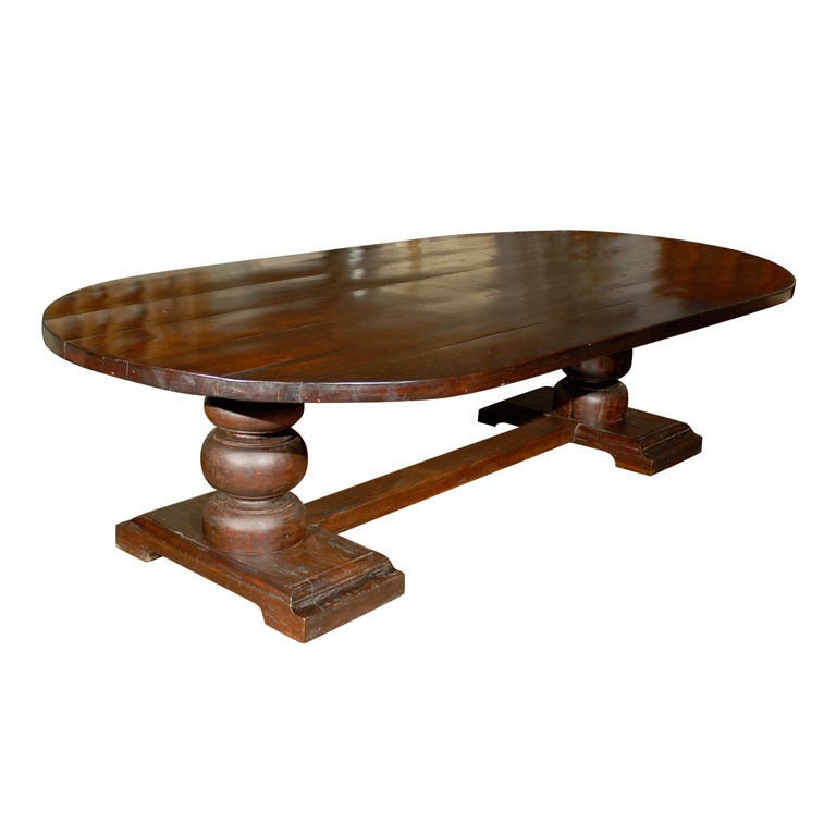 Oval Dining Room Trestle Table with Hand-Carved Base For Sale