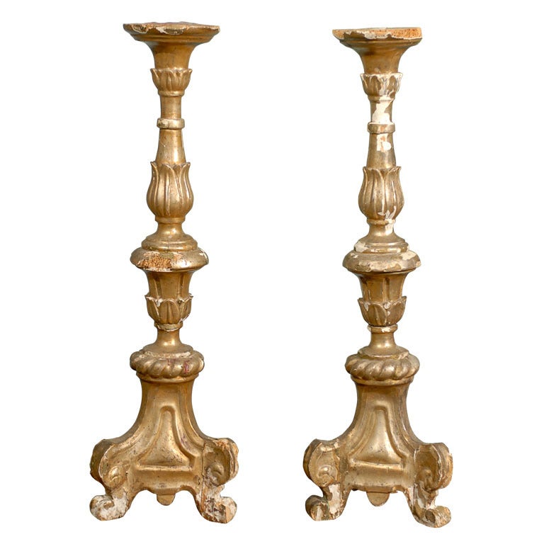 Pair of Italian 18th Century Giltwood Altarsticks For Sale