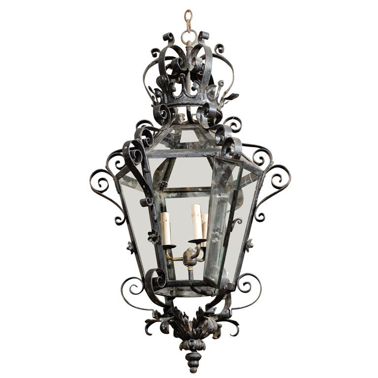 An Exquisite French Large-Sized Scrolling Forged Iron 3-Light Lantern, c. 1950 For Sale