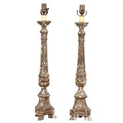 Pair of 18th Century Italian Wooden Candlestick Lamps