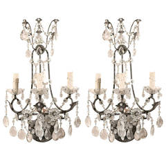 Vintage Pair of Italian Crystal Three-Light Sconces