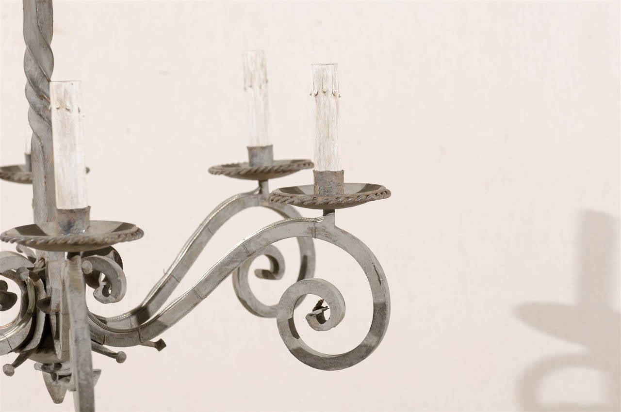 French Vintage Six-Light Light Grey Painted Iron Chandelier with Scrolled Arms For Sale 3