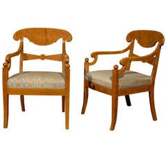 Pair of Swedish 19th Century Karl Johan Armchairs Made of Birchwood