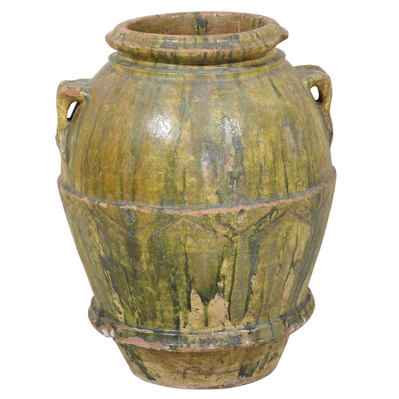 18th Century Large Italian Terracotta Jar with Lovely Rich Green Poured Glaze For Sale