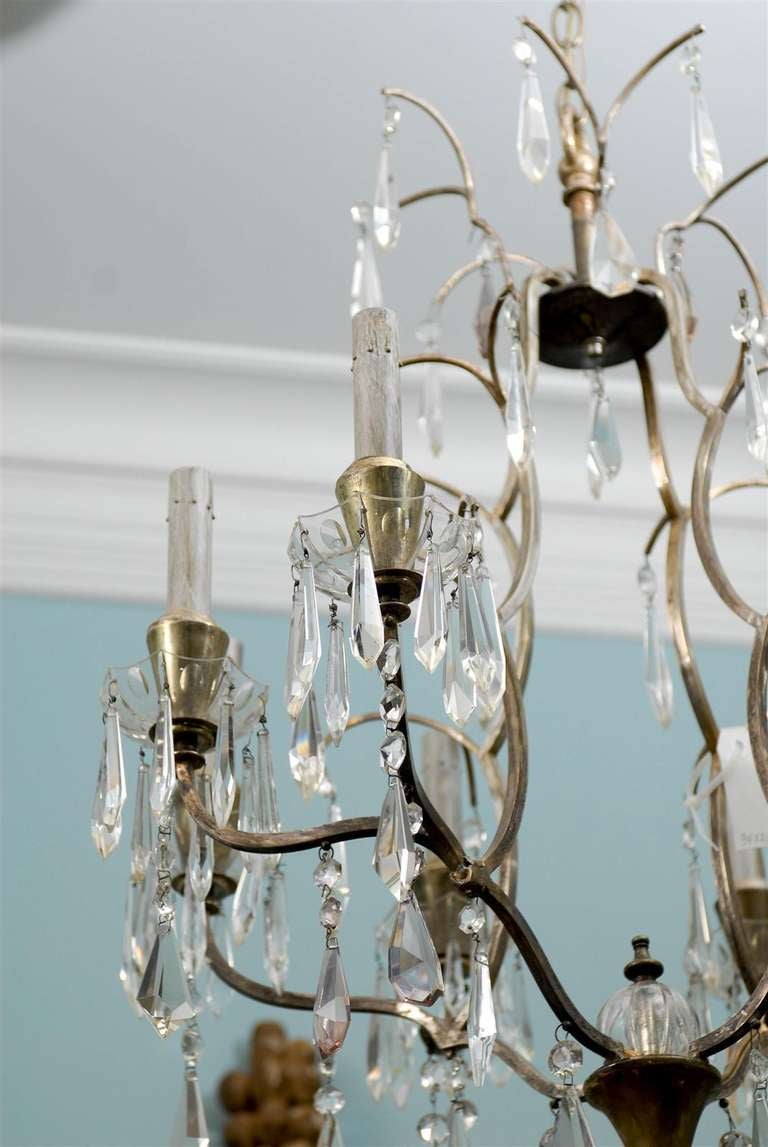 Scandinavian Modern Swedish Eight-Light Crystal Chandelier with Brass Armature, Rewired for US