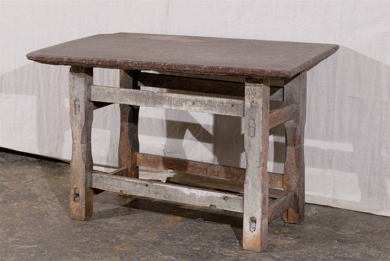 18th Century and Earlier Swedish 17th Century Rustic Side Table with Stone Top