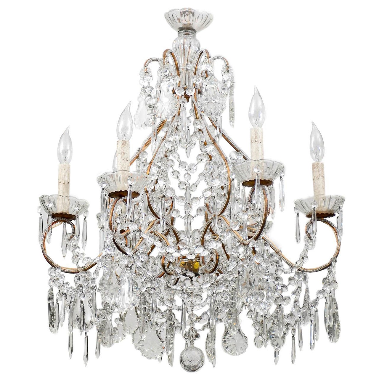 Italian Vintage Six-Light Crystal Chandelier With Scrolled Arms