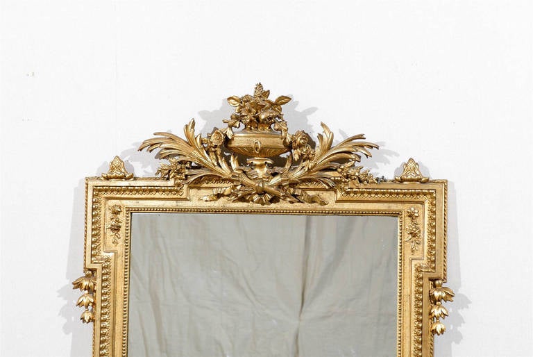 A French 19th Century Gilded Rectangular Mirror Wit Carved Crest In Good Condition In Atlanta, GA