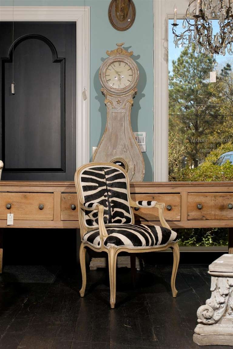 Painted French Louis XV Style Bergère with Zebra Skin Upholstery