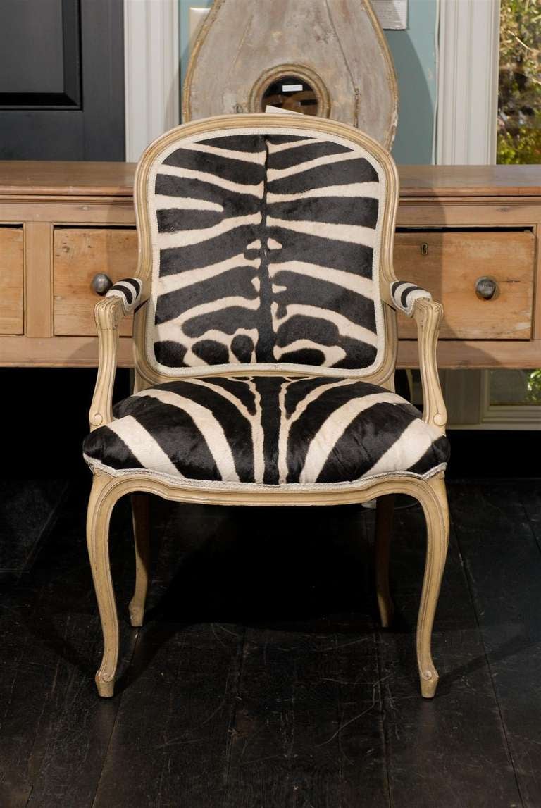 Wood French Louis XV Style Bergère with Zebra Skin Upholstery