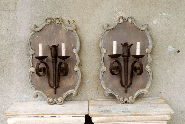 French Iron Sconces on Wood Plaques