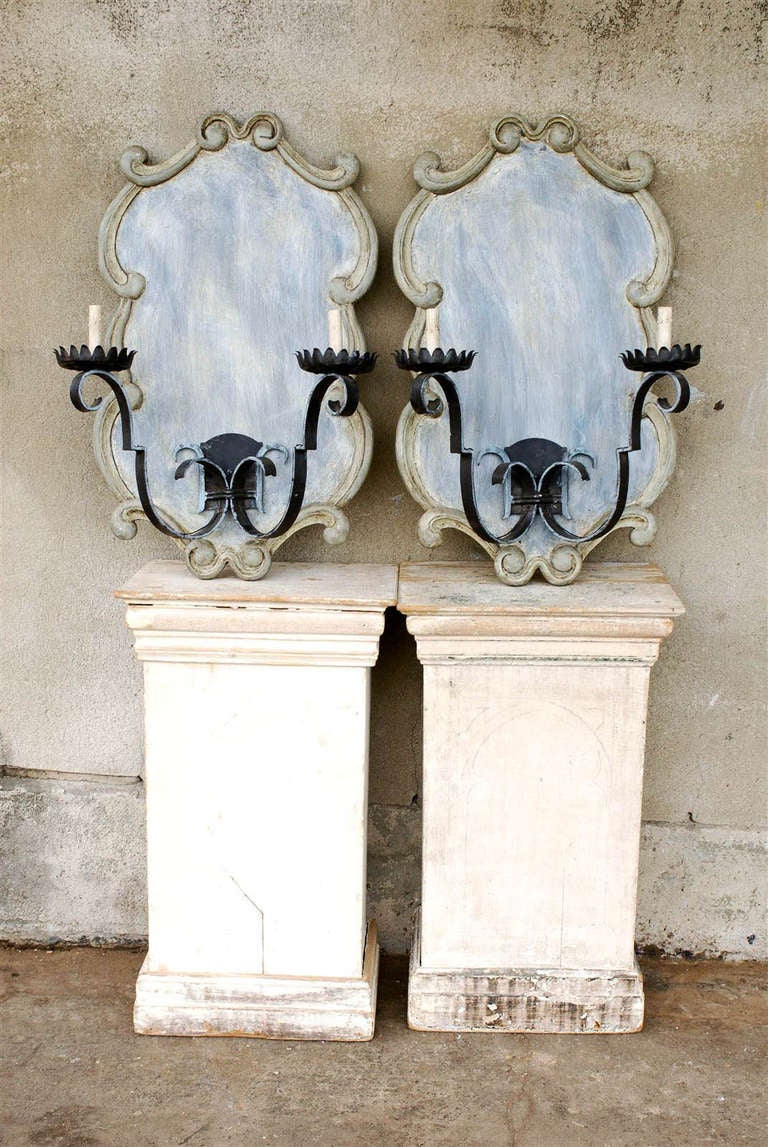 Painted Pair of Over-sized Vintage French Sconces Mounted on Blue / Grey Wooden Plaques
