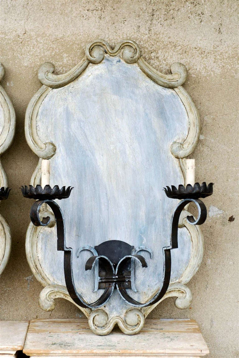 Pair of Over-sized Vintage French Sconces Mounted on Blue / Grey Wooden Plaques In Good Condition In Atlanta, GA