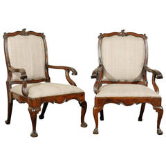 Pair of 18th Century Walnut Portuguese Upholstered Armchairs