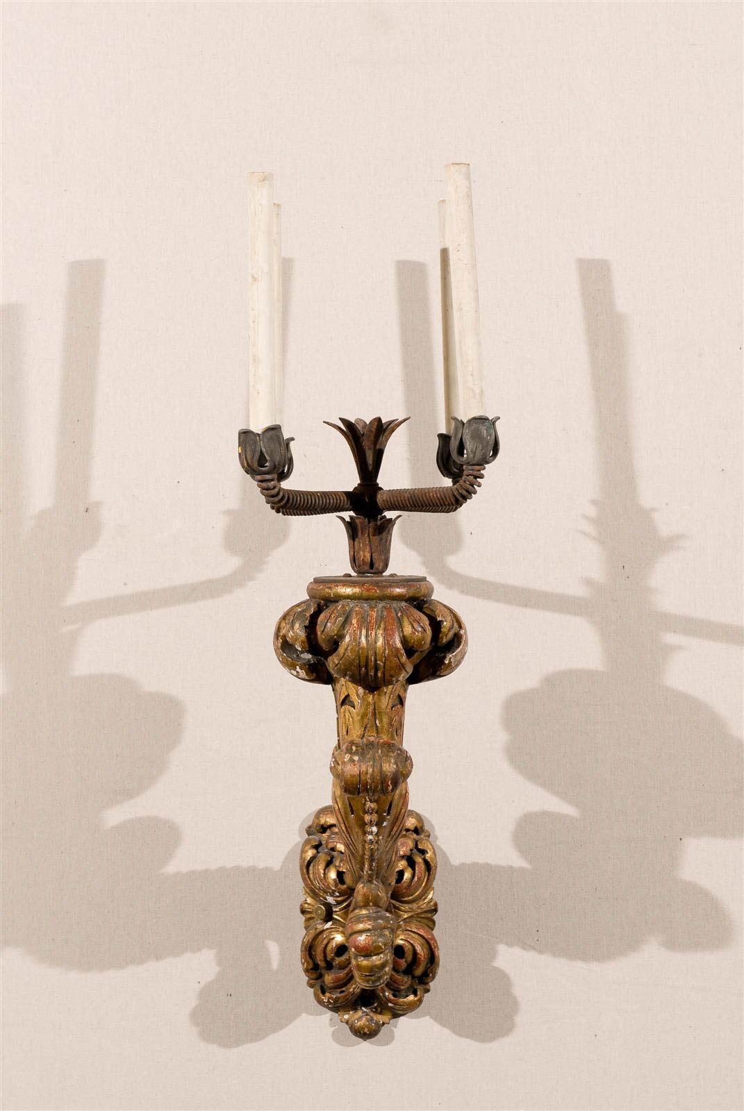 Pair of Italian 19th Century Richly Carved Baroque Style Gilded Wood Sconces