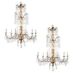 Pair of Italian Six-Light Crystal Chandeliers with Giltwood Central Column