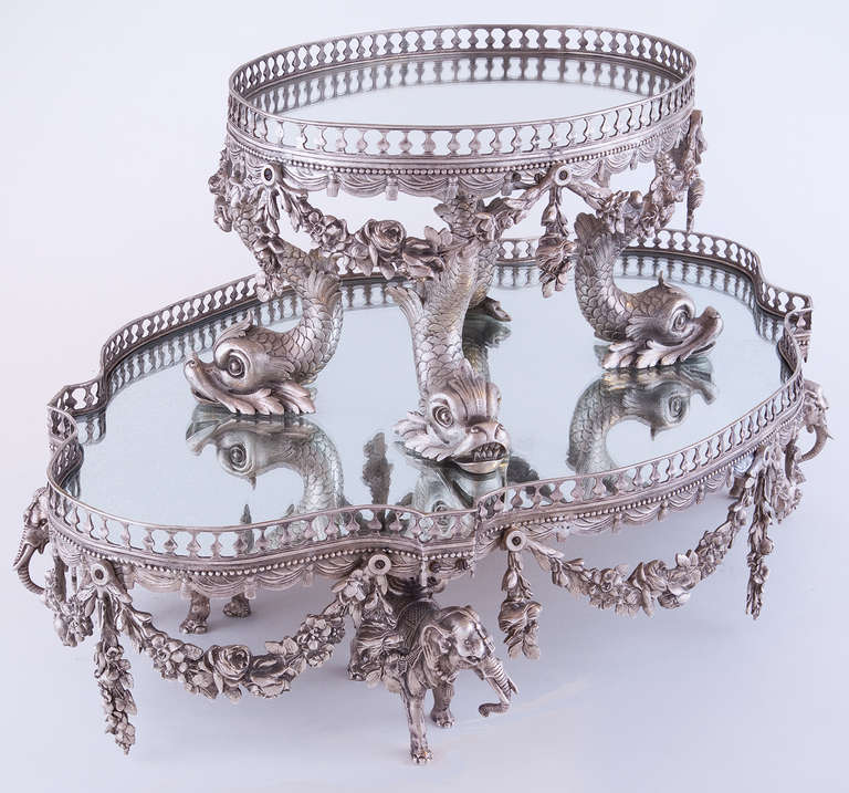 Unknown Continental Silver Over Bronze Two-tiered Mirrored Plateau For Sale