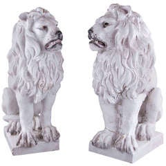 Pair Italian Glazed Terra Cotta Seated Lions