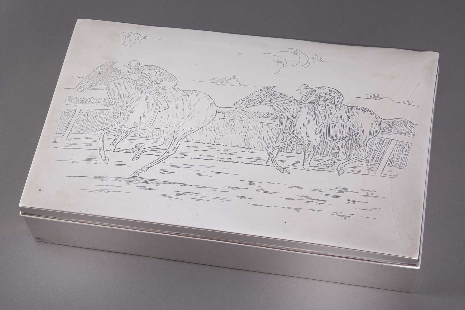 Sterling Silver Dresser Box with Etched Horses by Udall & Ballou For Sale