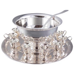 Japanese Silver Punch Bowl, Cups, Tray and Ladle