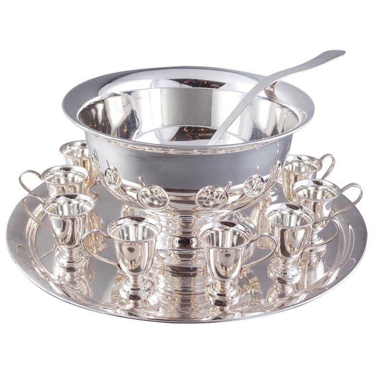 Japanese Silver Punch Bowl, Cups, Tray and Ladle at 1stDibs