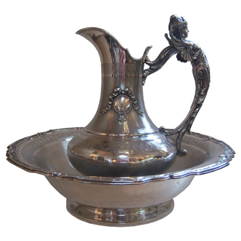 French Sterling Silver Pitcher and Basin For Sale