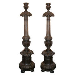 Antique Pair of Italian Monumental Carved Walnut Torcheres