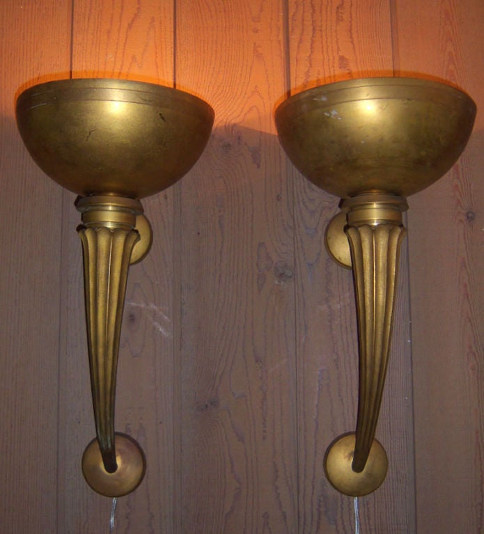 Pair of Monumental Art Deco Gilt Bronze Sconces