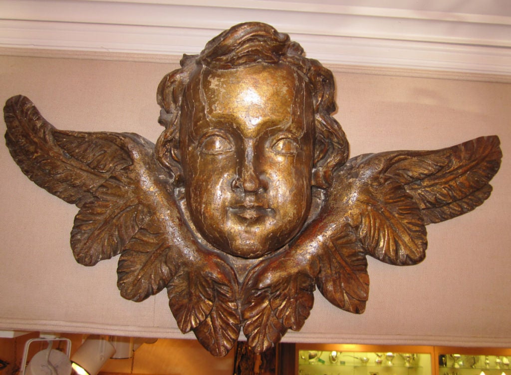 Exceptional large carved wooden angel head with wings, polychrome painted and gilded.