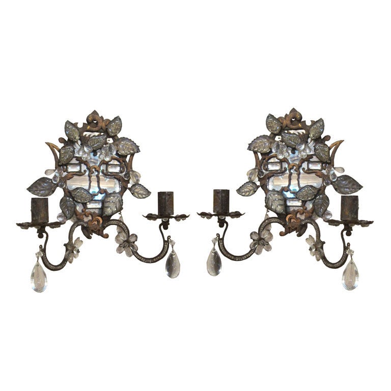 Pair of French Bagues Crystal Two-Light Sconces For Sale