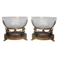 Pair French Empire Dore Bronze & Crystal Compotes