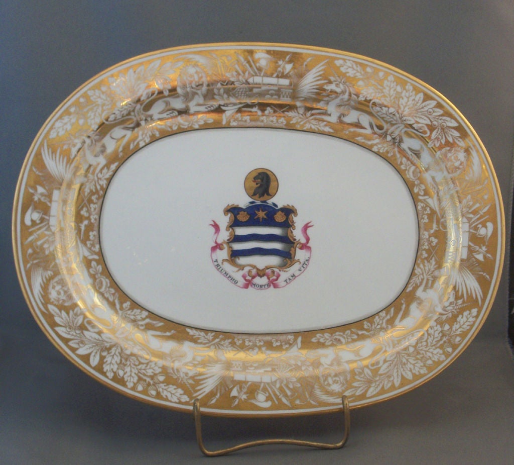 A Splendid (partial) Chamberlain Worcester Service, English, circa 1815. 5 pieces, comprising: 

1 Large Oval Charger: 20.25” x 15.25” 

2 Oval platters: 12.25” x 9.75” 

2 Service plates (one with old repair) 11.25” diameter 

All bearing