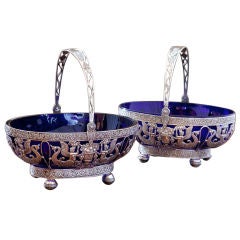 Assembled Pair Pierced Sterling Baskets with Cobalt Blue Liners