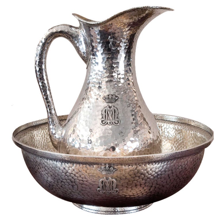 First Standard Silver Monumental French Pitcher and Bowl by Gustav Keller For Sale