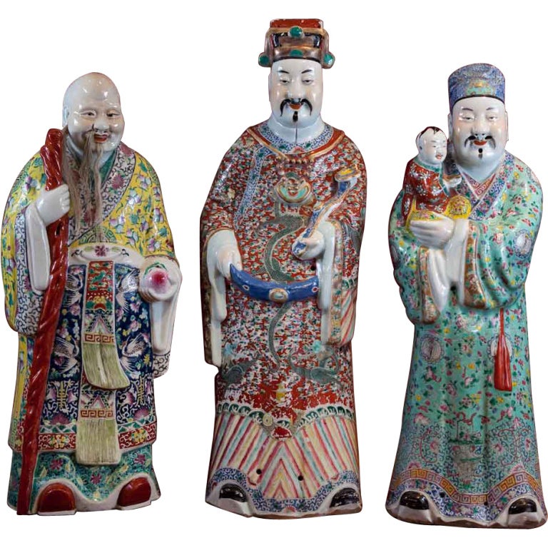 Chinese Porcelain Enameled Figures Depicting the Three Star Gods at 1stdibs