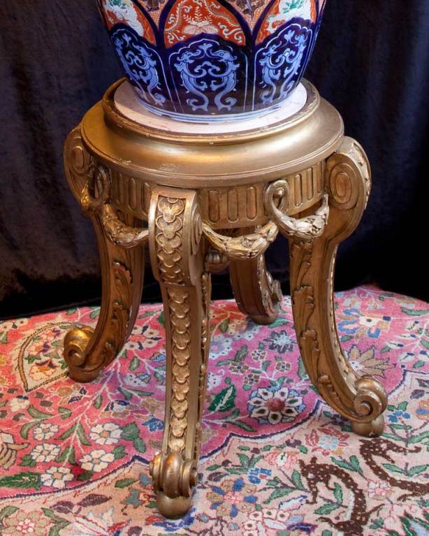Unknown Porcelain Imari Hall Vase on A Carved French Gilt Wood and Marble Pedestal For Sale