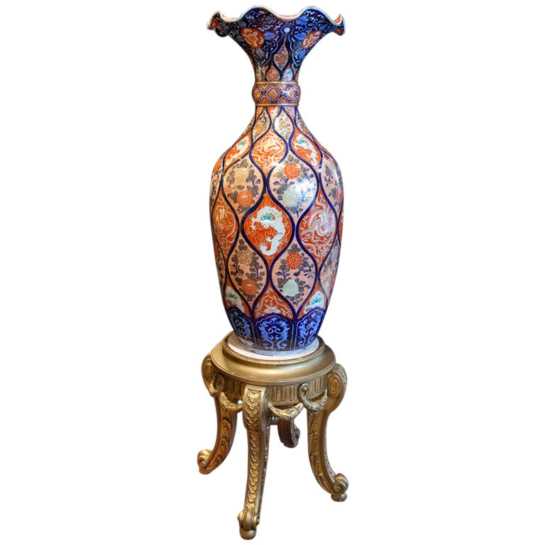 Porcelain Imari Hall Vase on A Carved French Gilt Wood and Marble Pedestal For Sale