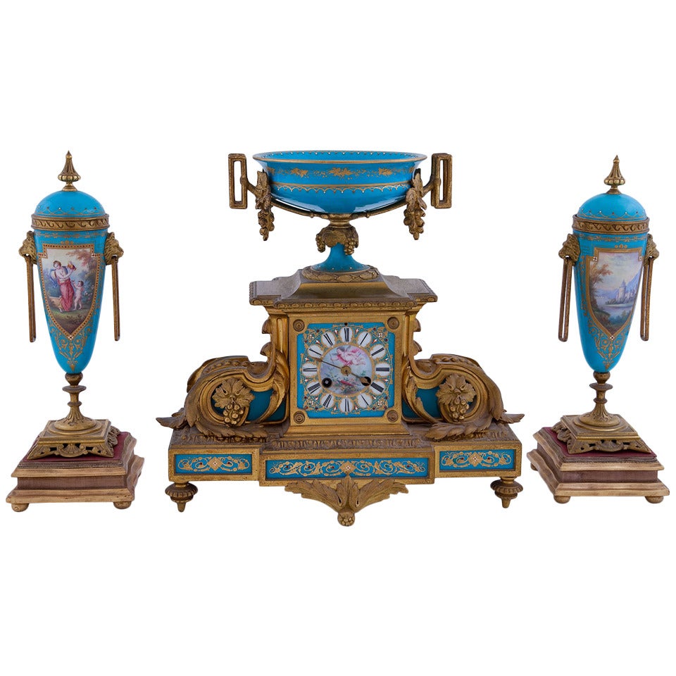 Three-Piece 19th Century Jeweled Porcelain and Ormolu Garniture For Sale