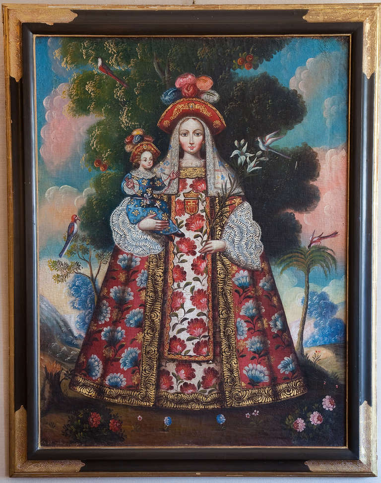 Cusco School, 18th century mixed media painting of Madonna and Child in a landscape scene. With provenance from the F. Herbert Hoover Gallery, San Francisco. F. Herbert Hoover is a consultant and advisor to many corporations and private collectors