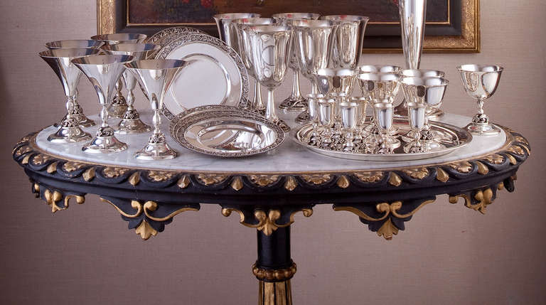 LaPaglia sterling silver Danish Modern stemware and Hors d'oeuvre plate set in a foliate motif pattern. Consisting of: 6 Martini Glasses, 5.25 inches high; 6 Water Goblets, 6.5 inches high; 8 Cordial Glasses, 3 inches high; 6 Wine/Champagne Glasses,