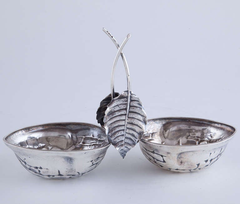 Italian sterling silver double walnut or candy dish in the Buccellati style.