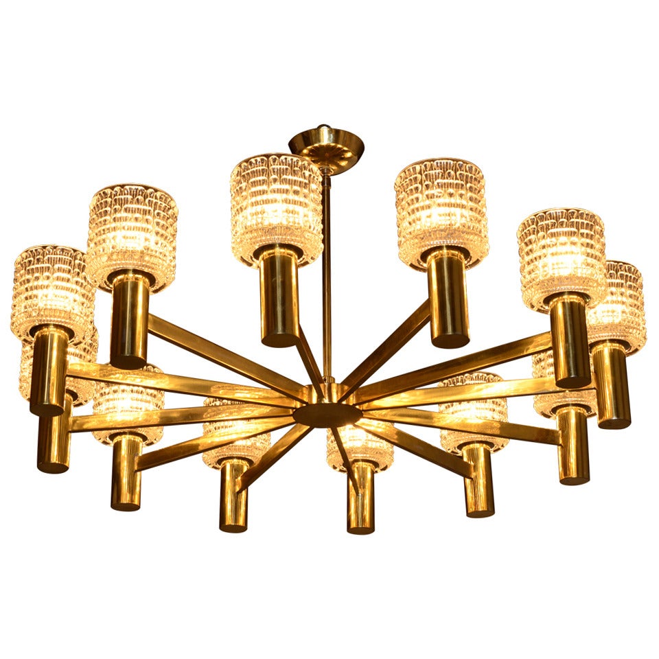 Brass and Glass 12 Arm Chandelier