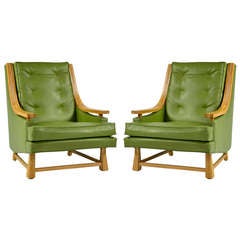 Vintage Pair of Ranch Oak Upholstered Arm Chairs