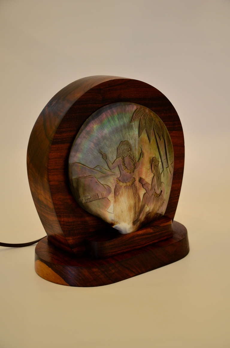 Mid-20th Century Carved Seashell and Koa Wood TV Lamp