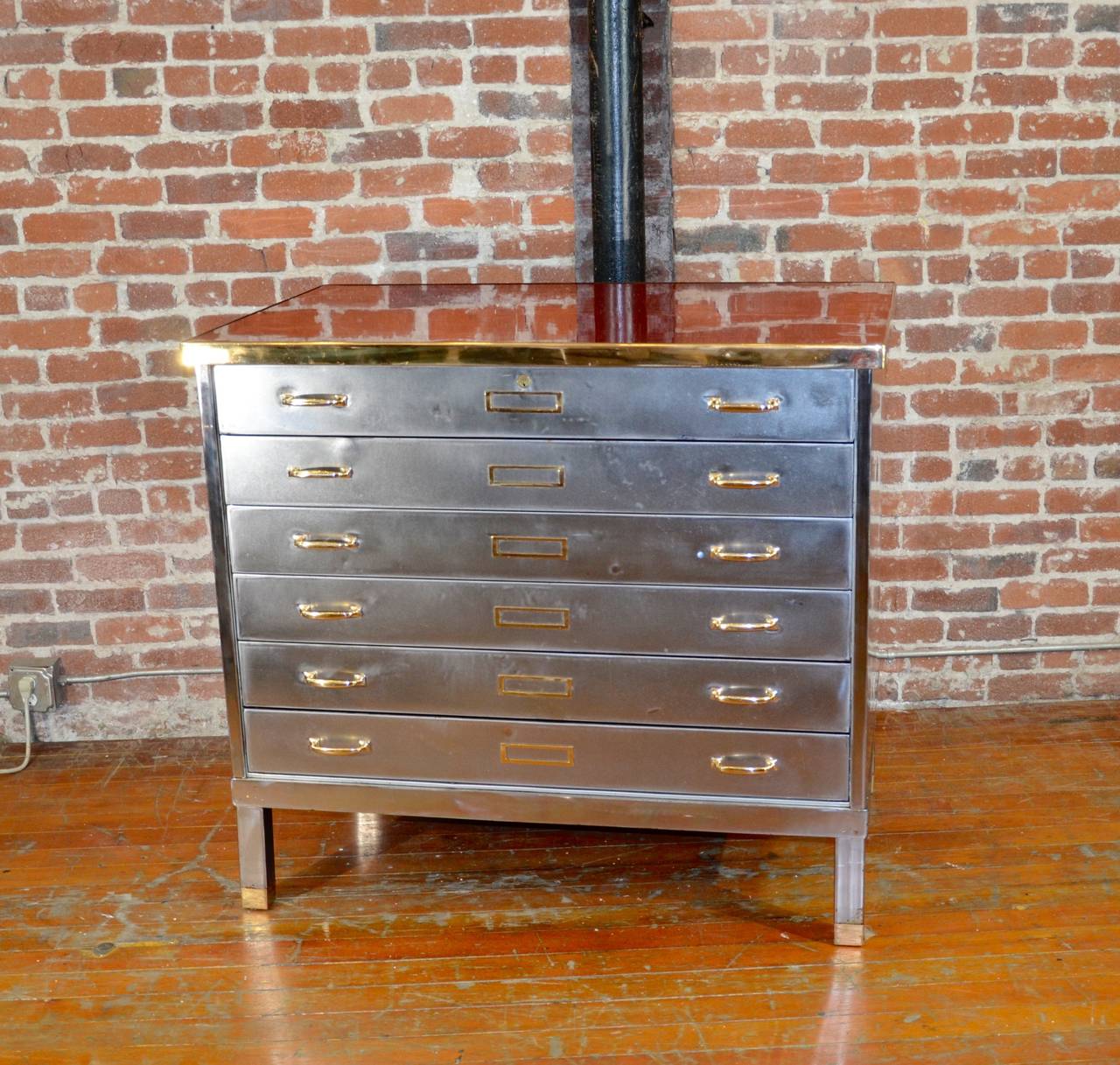 Industrial Polished Steel and Brass Flat File Cabinet.