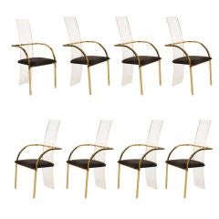 A Set of Eight Glam Lucite and Brass Dining Chairs